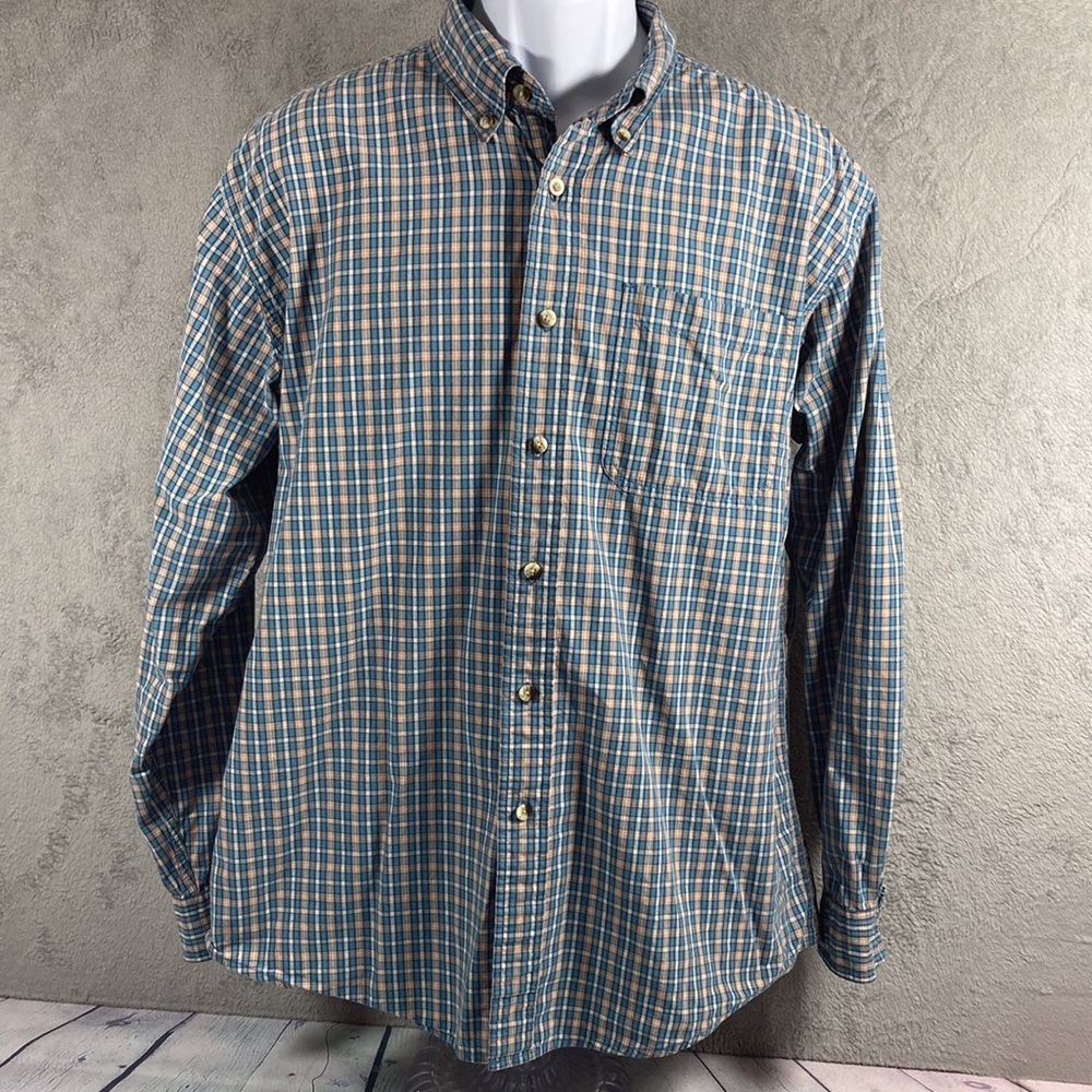 LL.Bean Long Sleeve Button Collar Men Blue Plaid Shirt Size L-Reg